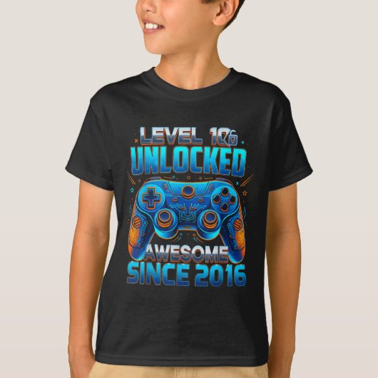 T-shirt Level 10 Unlocked Awesome Since 2016 10th Birthday (Devant)
