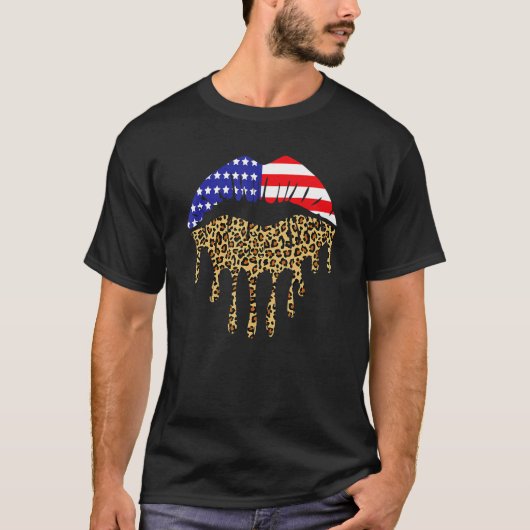 T-shirt Lèvres Drapeau Américain Leopard États-Unis 4e De  (Devant)