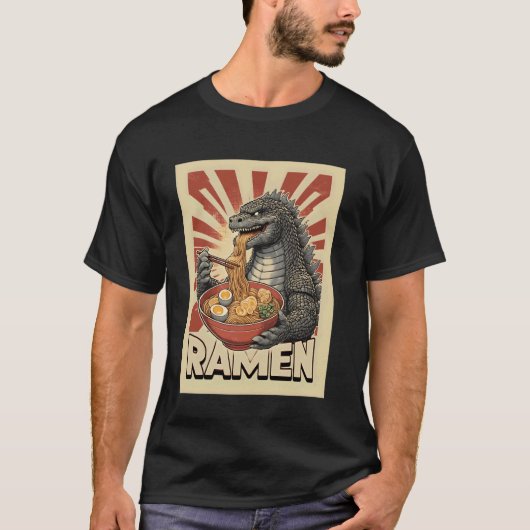 T-shirt Lézard Géant Mangeant des Nouilles Ramen Style Vin (Devant)