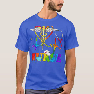 T-shirt LGBT Hearbeat Stethoscope Caduceus Nurse Rainbow F