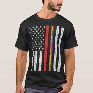 T-shirt LGBT Mince Red Line Rainbow America Drapeau Gay Fi