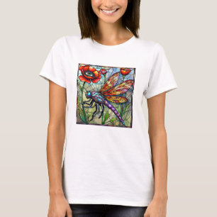 T-shirt Libellule Vitrail Rouge Art Floral Papaver Insecte