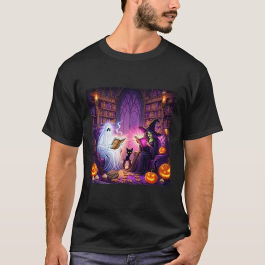T-shirt Librairie hantée Halloween Rétro Sorcière de livre (Devant)