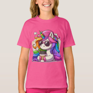 T-shirt Licorne Cool avec Lunettes de Soleil et Café
