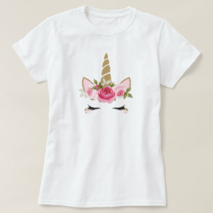 T-Shirt Licorne Dorée Fleur Rose Mignon Branché Fé