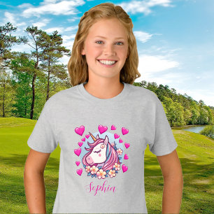 T-shirt Licorne Mignonne, Cœurs Roses & Fleurs, Nom Person