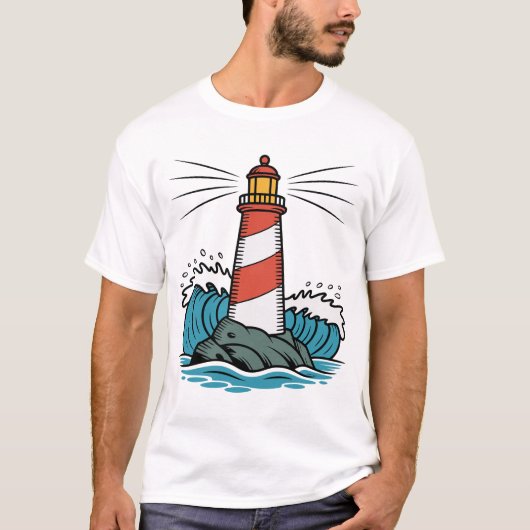 T-shirt Lighthouse Ocean Waves Design – Nautical Coastal (Devant)