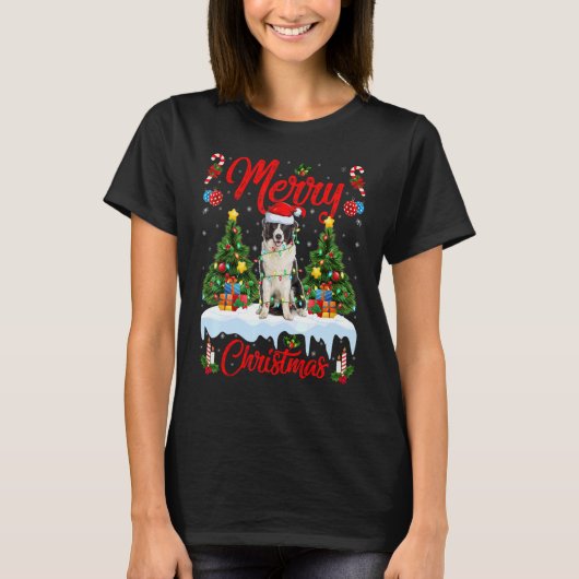 T-shirt Lights Xmas Tree Santa Australian Shepherd Dog Chr (Devant)