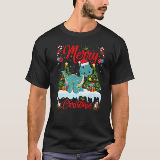 T-shirt Lights Xmas Tree Santa Brontosaurus Dinosaur Chris (Devant)