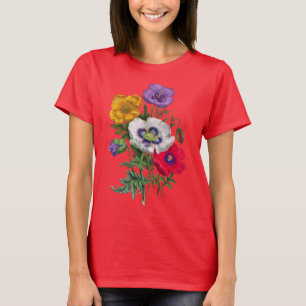 T-shirt Lilac Rouge Blanc Jaune Poppies & Feuilles verts