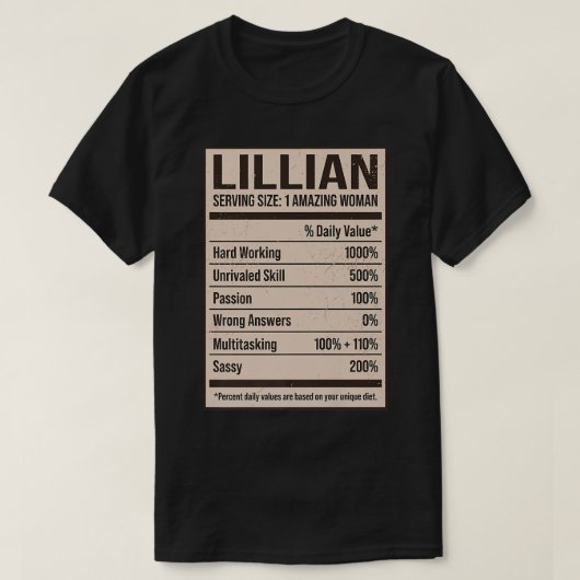 T-shirt Lillian Nutrition Facts Nom Pseudo Alias Titre (Design devant)