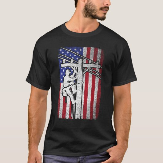 T-shirt Lineman American Flag Electric Cable Lineworker (Devant)