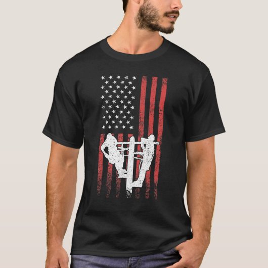T-shirt Lineman Electric Cable Lineman Power Pole USA Flag (Devant)