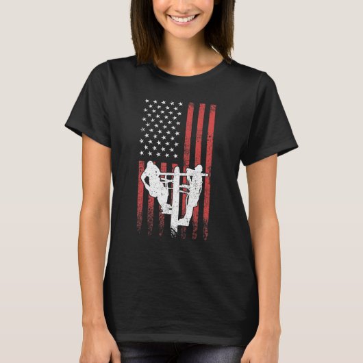 T-shirt Lineman Electric Cable Lineman Power Pole USA Flag (Devant)