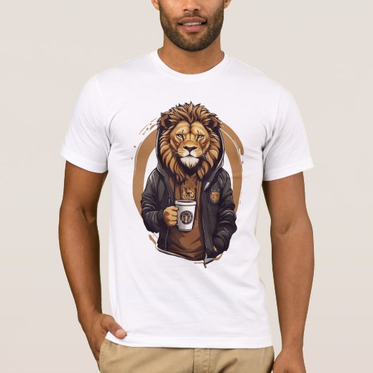 T-shirt Lion Drinking Cofee design (Devant)