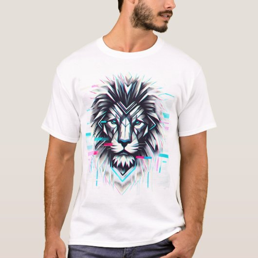 T-shirt Lion géométrique en gras avec effet Glitch (Devant)