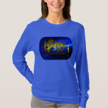 T-shirt Lion Menorah en laiton de Chanukkah<br><div class="desc">Reproduction numérique 3D d'un menorah en laiton,  sur le thème du lion,  fabriqué en Israël vers 1950,  sur un arrière - plan fractal bleu. Montré avec des bougies éclairées.</div>