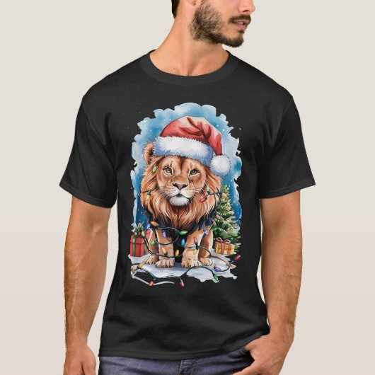 T-shirt Lion Santa Hat Christmas Lights Watercolor Winter (Devant)