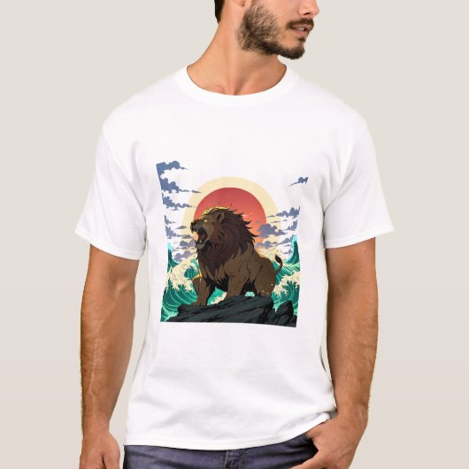 T-shirt Lion Wave Art - Ukiyo-e Sunset Design (Devant)