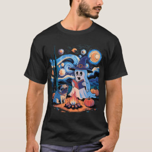 T-shirt Livre de lecture fantôme avec pug Camping Nuit éto