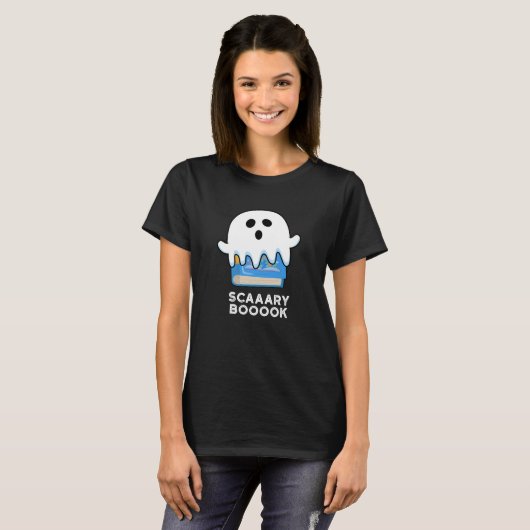 T-shirt Livre d'exposition Funny Ghost Book Pun Dark BG (Devant entier)
