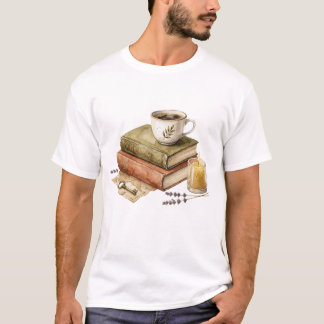T-shirt Livres Cozy Dark Academia avec bougie au café et V