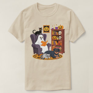 T-shirt Livres de lecture de fantôme rétro avec chat noir