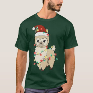 T-shirt Llama Christmas Lights Tree Drôle Santa Hat Joyeux