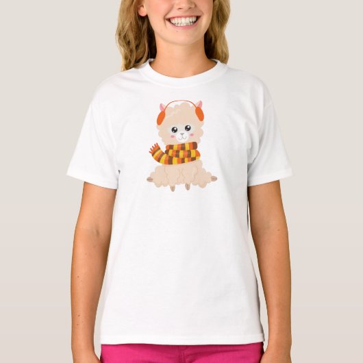 T-shirt Llama D'Automne, Llama Mignonne, Llama Avec Écharp (Devant)