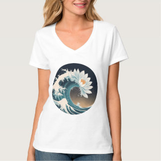 T-shirt Lotus blanc et vague océanique - Élégance en mouve