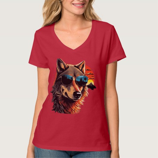 T-shirt Loup chien avec lunettes de soleil dans le coucher (Devant)