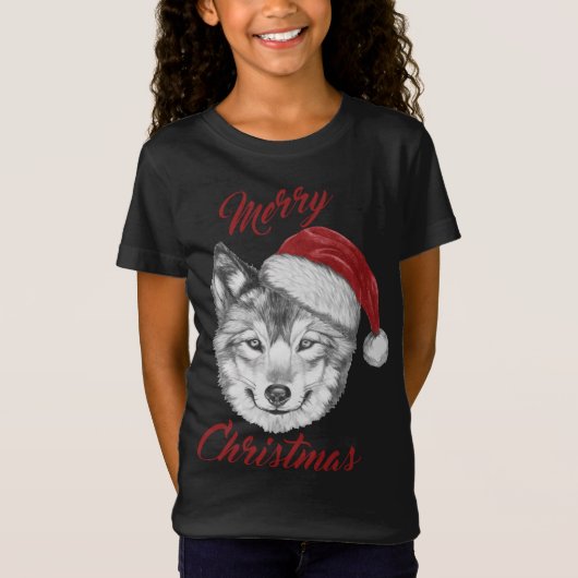 T-Shirt Loup de Noël drôle avec chapeau de Père Noël (Devant)
