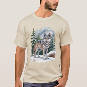 T-shirt Loup d'hiver rétro à l'aquarelle 90's Nature sauva