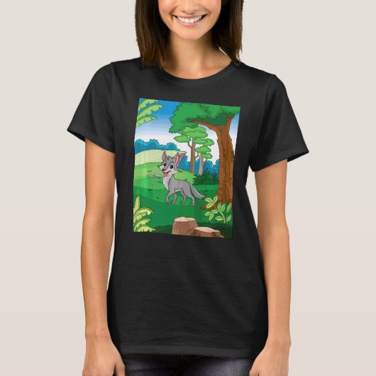 T-shirt Loup Gris Souriant Traversant La Forêt Avec Blu (Devant)