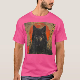 T-shirt Loup Japonais Et Lune Rouge Avec Art Kanji Japonai