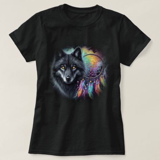 T-shirt Loup noir avec un catcheur de rêves (Design devant)