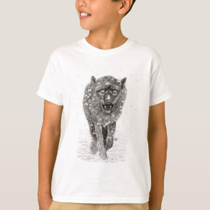 T-shirt Loup noir en colère dans la neige, hiver sauvage