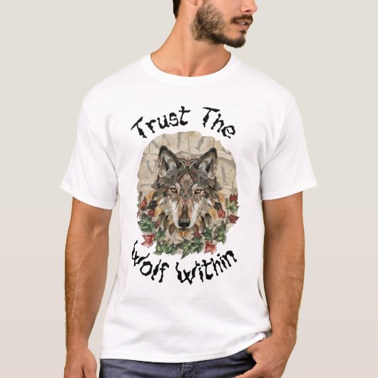 T-shirt Loup Orné Boho avec Feuilles (Devant)
