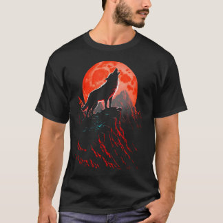 T-shirt Loup Rouge Hurleur à la Lune Forêt Animaux Sauvage