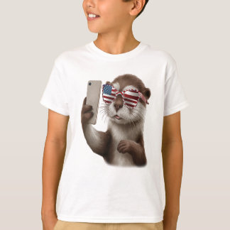 T-shirt loutre mignonne avec lunettes de drapeau américain