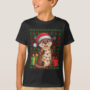 T-shirt Loutre Xmas Lumières Chapeau de Père Noël Laid Lou