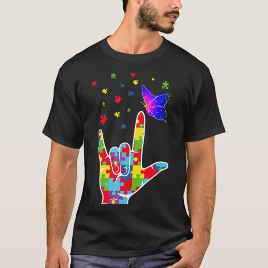T-shirt Love ASL Signal Langue Puzzle Papillon Autisme Awa (Devant)
