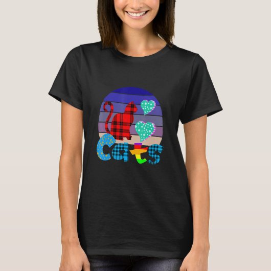 T-shirt Love Cats Quirky Colorful Sunset Plaid Design (Devant)