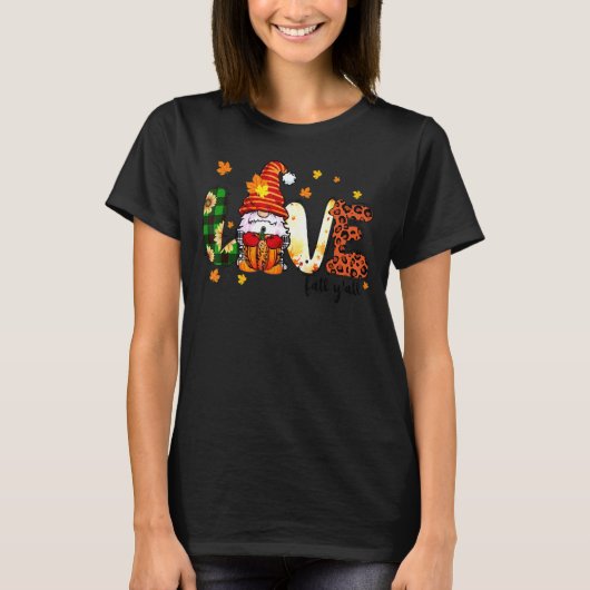 T-shirt Love Fall Y'all Thanksgiving Gnome Citrouille Leop (Devant)