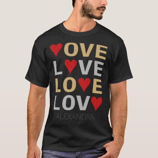 T-shirt Love Heart Red Gold Silver Parties scintillant Nom (Devant)