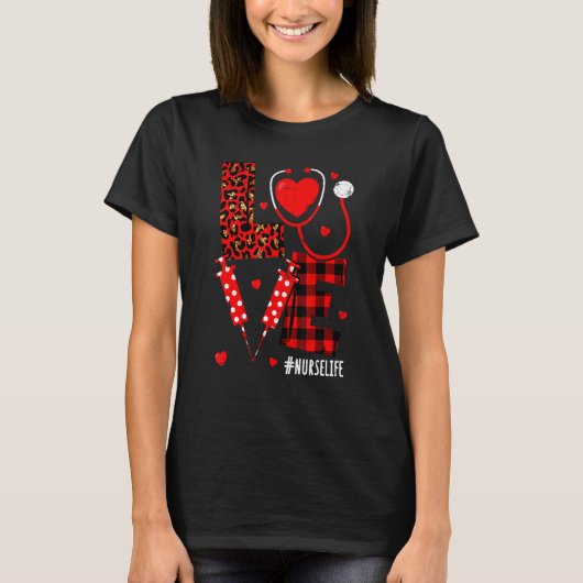 T-shirt Love Heart Stethoscope Nurse Life Leopard Valentin (Devant)