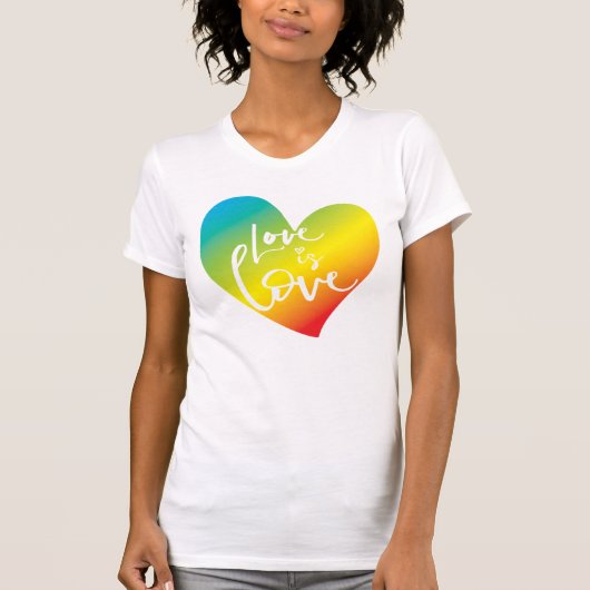 T-shirt LOVE IS LOVE LBGT coeur arc-en-ciel blanc lettrage (Devant)