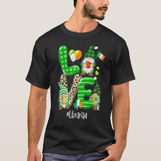 T-shirt LOVE Librarian Life Gnome Leopard Shamrock St Patr (Devant)