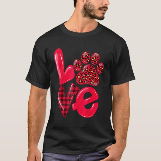 T-shirt LOVE Paw Dog Cat Leopard Red Plaid Valentines Day (Devant)