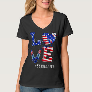 T-shirt Love Scrub Life Nurse 4 juillet American Flag Pa